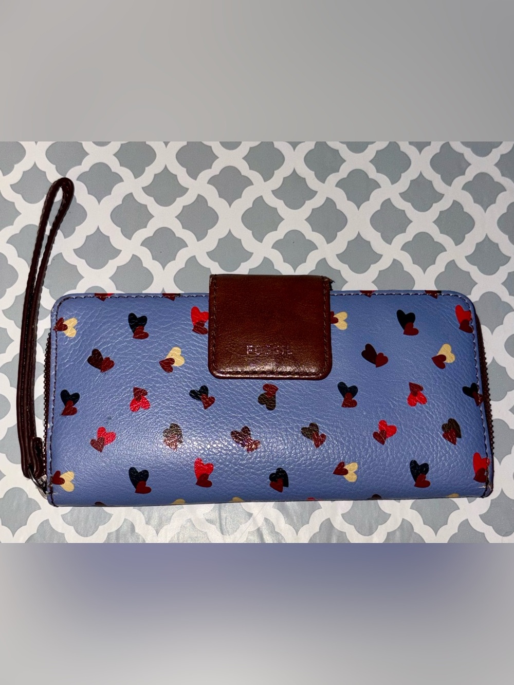 Fossil Blue Wallet with Multicolor Heart Print and Brown Accent